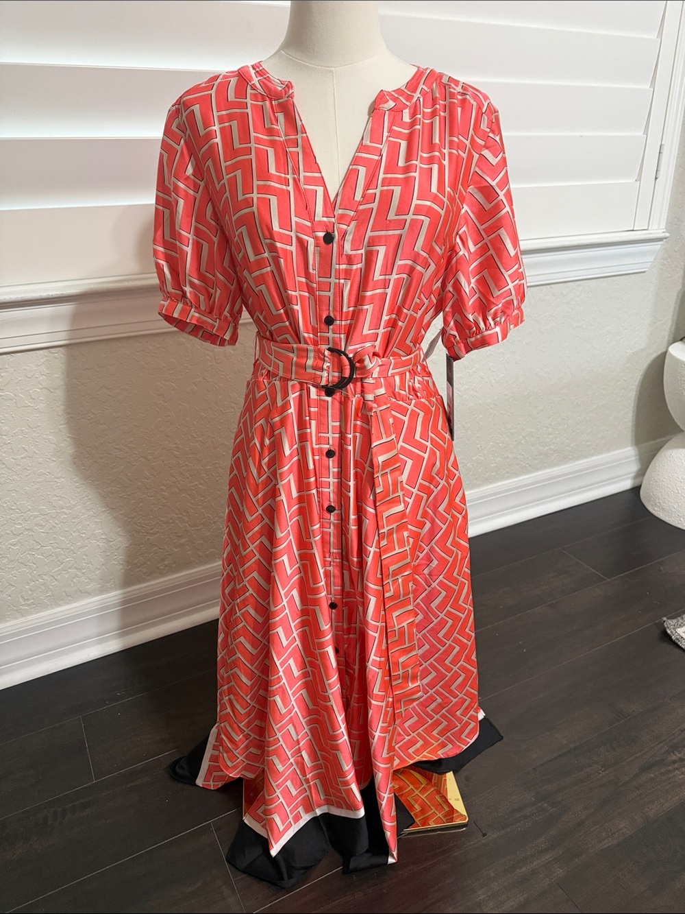 Karl Lagerfeld Coral and Black Geometric Midi Shirt Dress with Belt